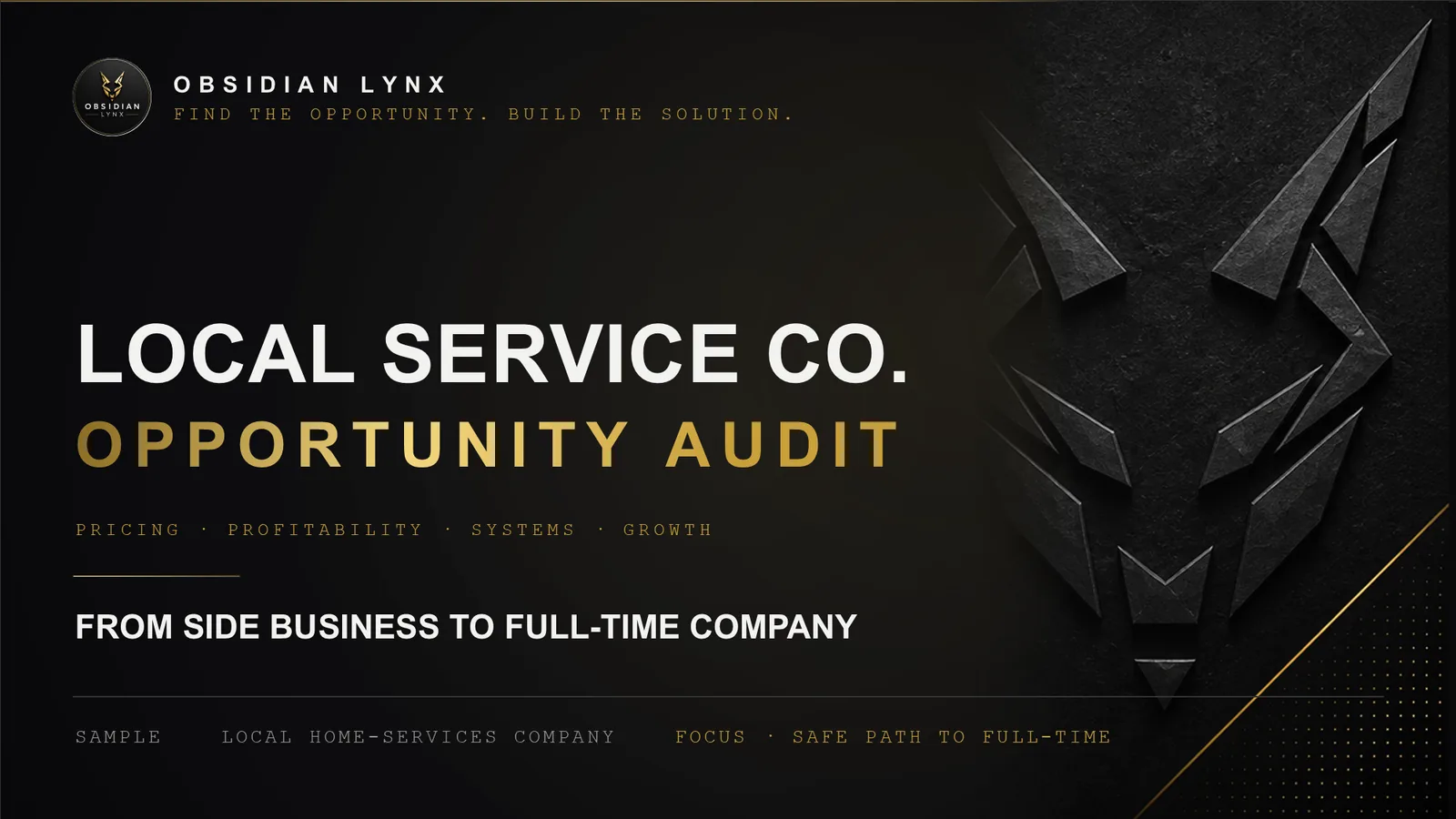 Audit cover slide: Opportunity Audit for a local home-services company, covering pricing, profitability, systems and growth.
