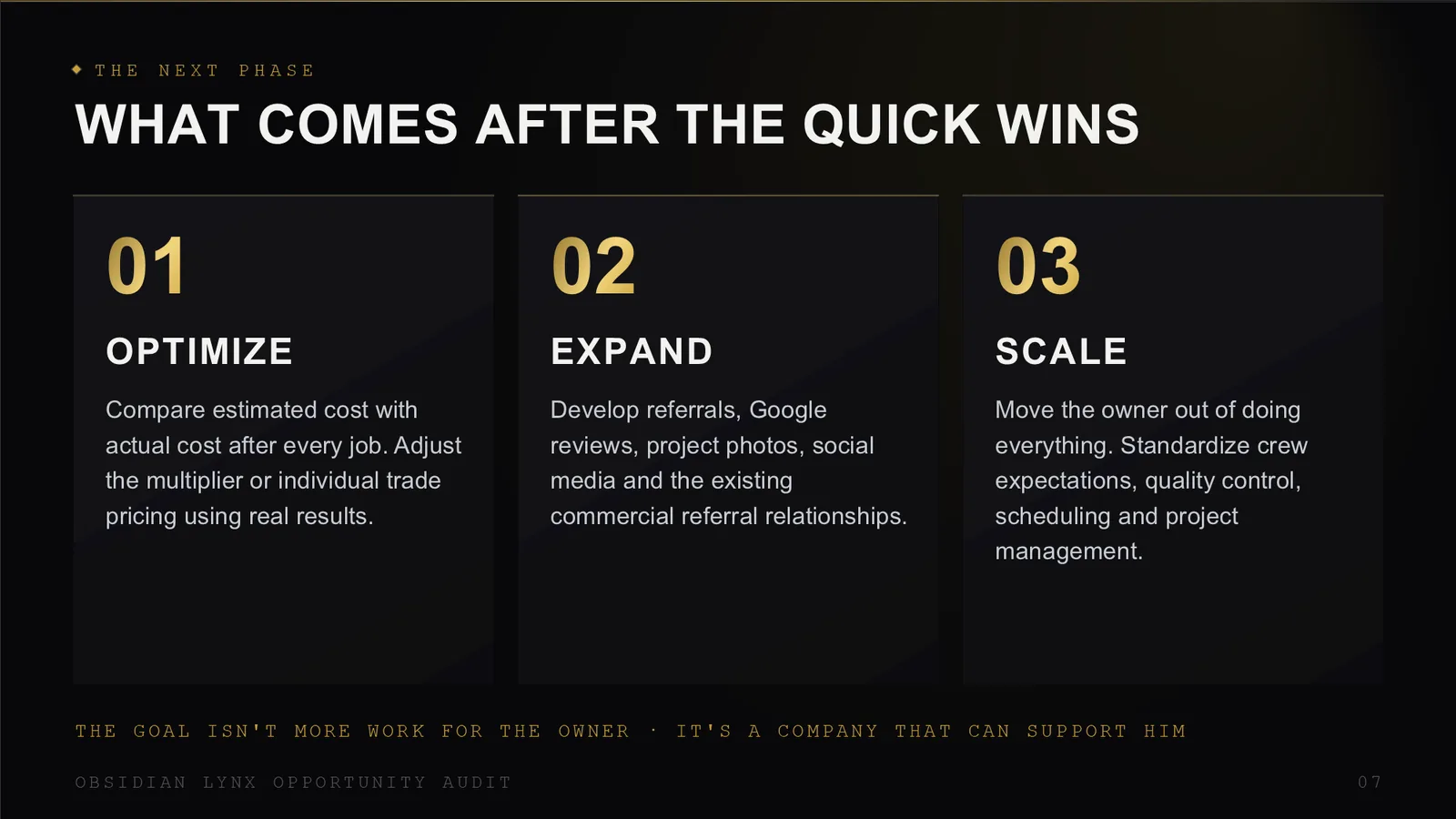 Slide describing the next phase after the quick wins: optimize, expand and scale.