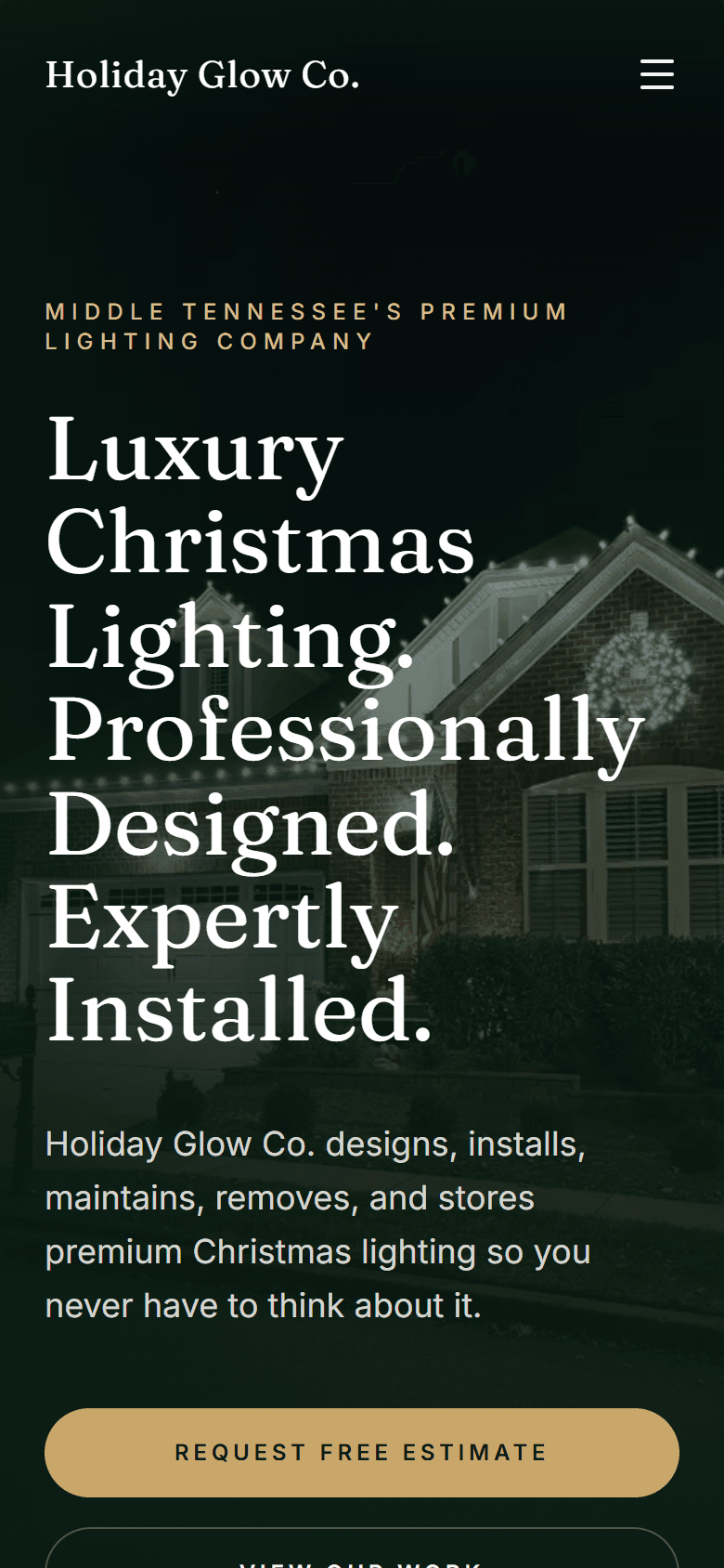 The Holiday Glow Co. homepage on a phone, showing the same hero headline and estimate button.