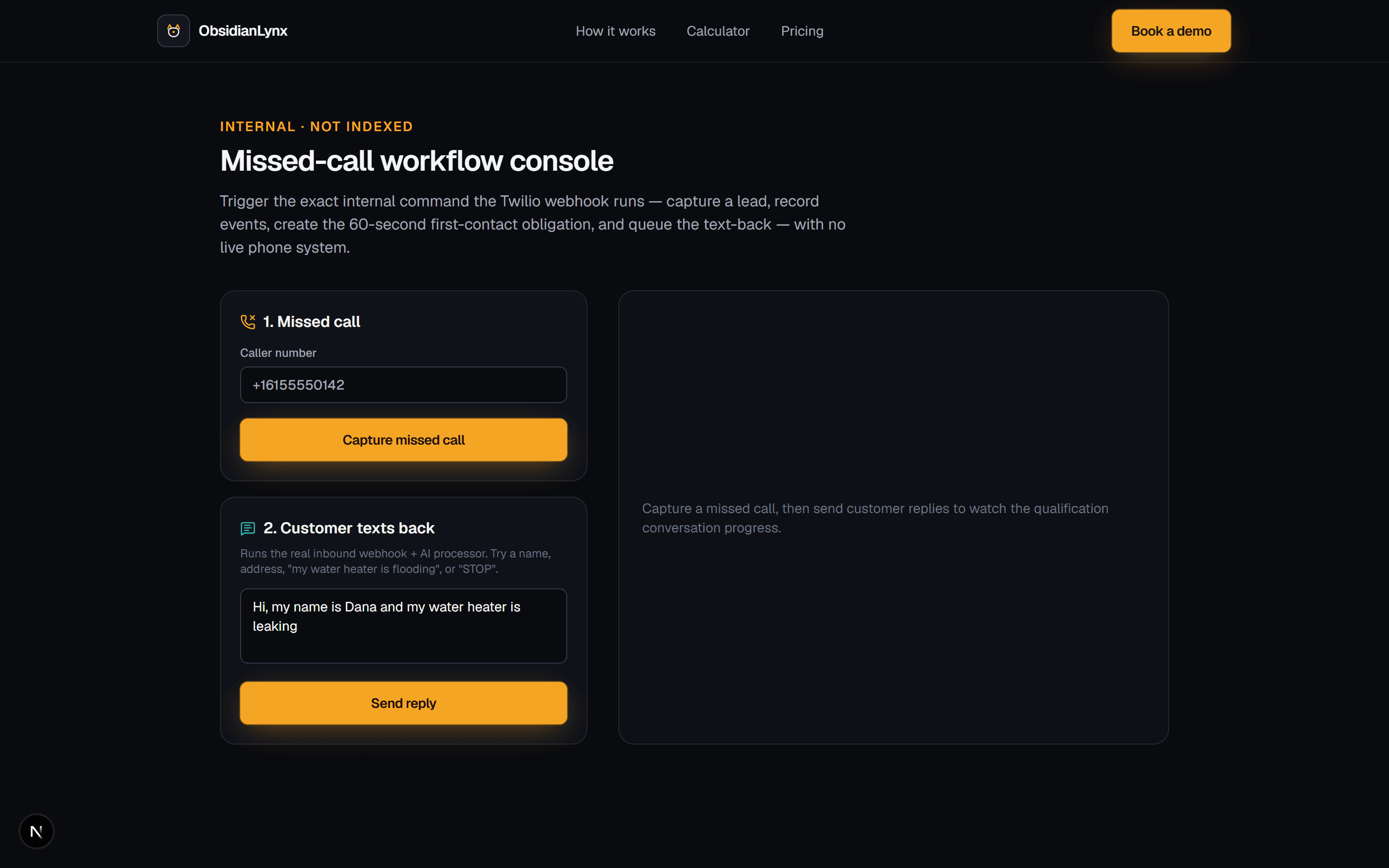 The Never Miss a Lead workflow console. A 'Missed call' panel with a caller number and a 'Capture missed call' button; a 'Customer texts back' panel with a sample message; and a conversation panel that tracks the qualification progress.