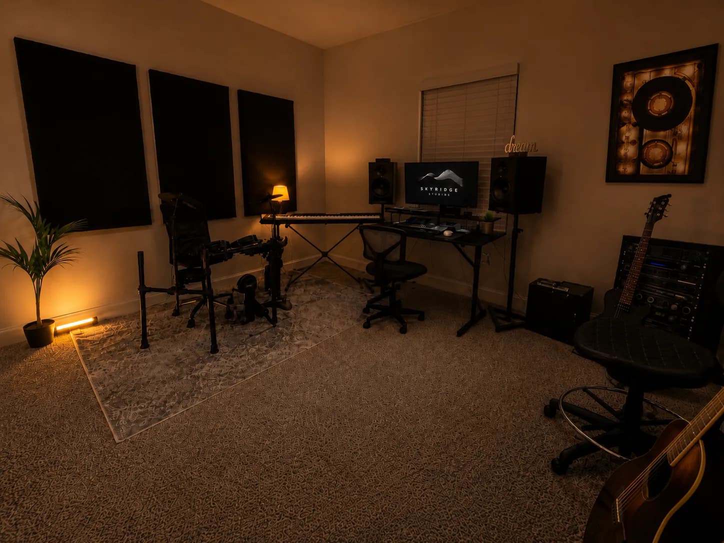 SkyRidge Studios brand photography — the recording studio at night.