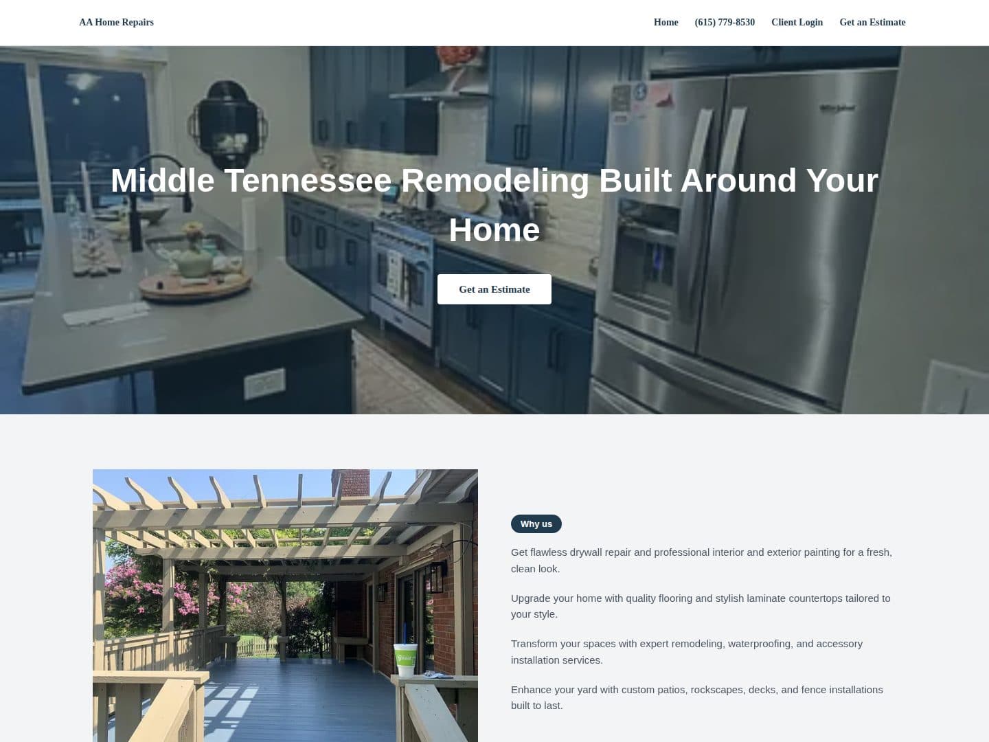 The AA Home Repairs homepage: “Middle Tennessee Remodeling Built Around Your Home” over a remodeled kitchen, with a Get an Estimate button.
