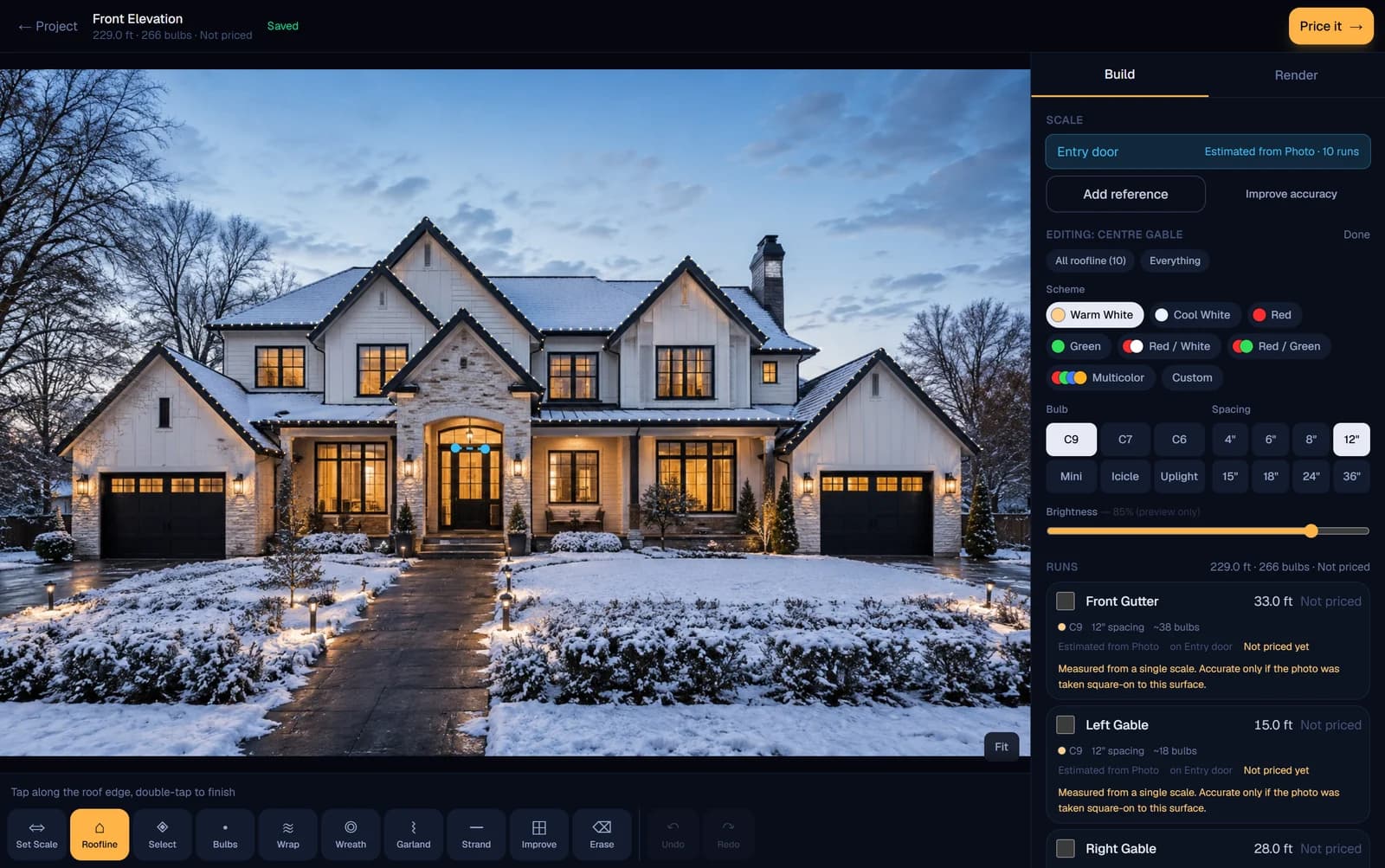 The C9X PRO build workspace: the property photo with ten traced runs, beside a panel listing each run with its product, color, spacing and footage