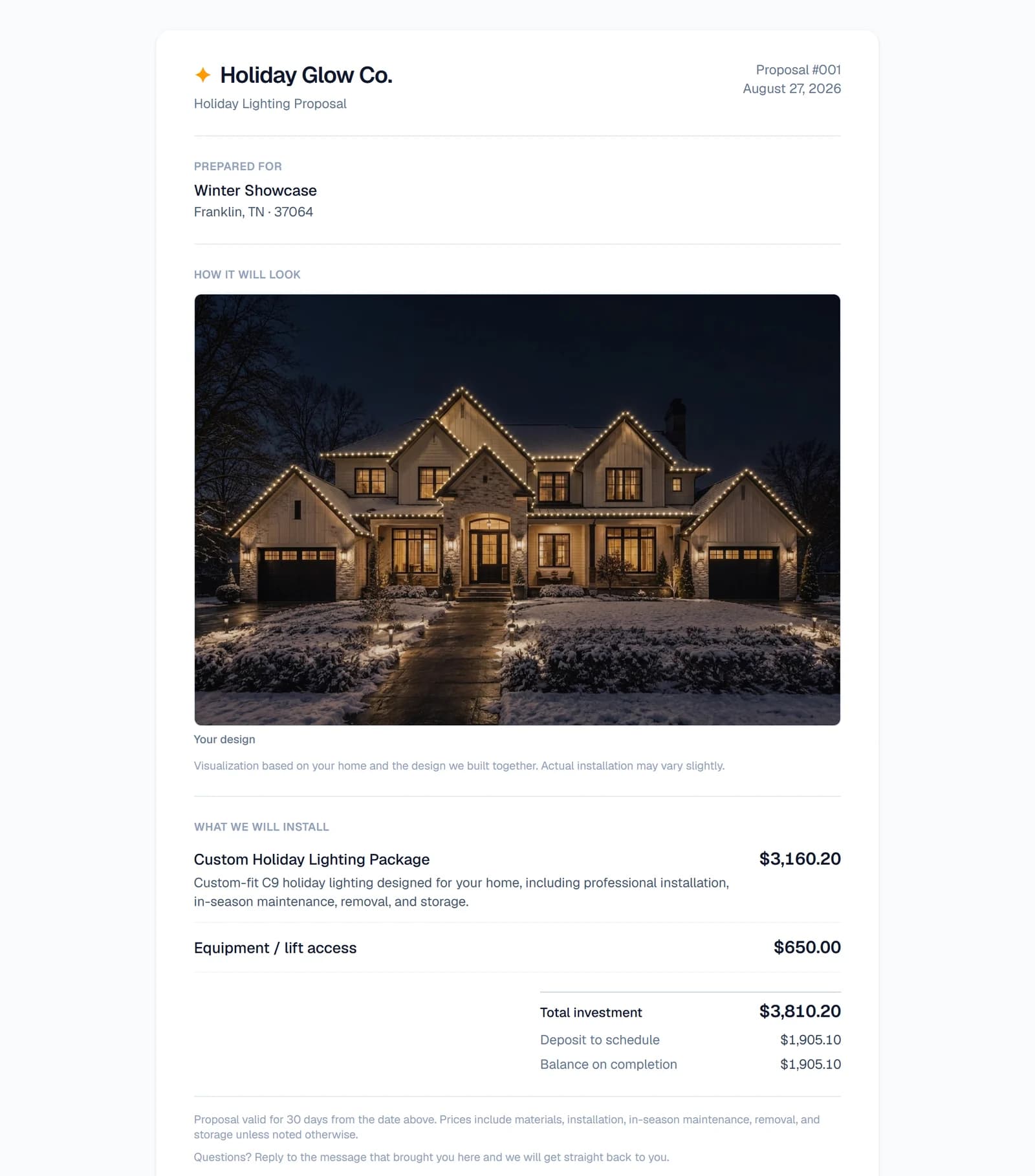 The customer-facing proposal: the night render, one package price, the equipment line, total investment, deposit and balance