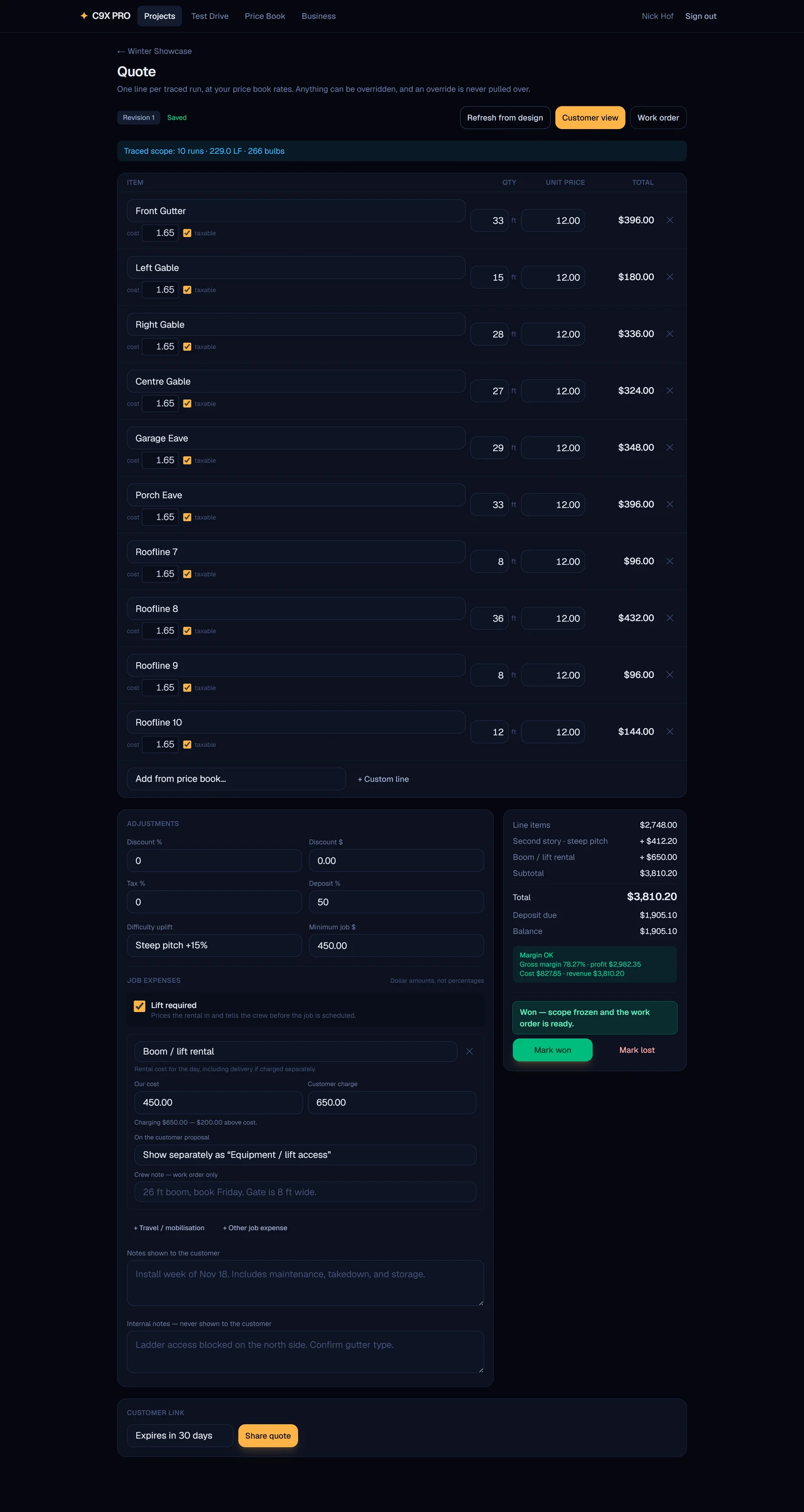 The C9X PRO pricing screen: one line per traced run with quantity, unit price and cost, beside adjustments, job expenses and a live margin panel
