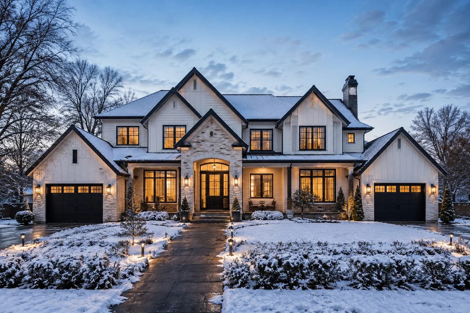 A snow-covered two-story house photographed from the driveway in daylight, before any lighting is designed