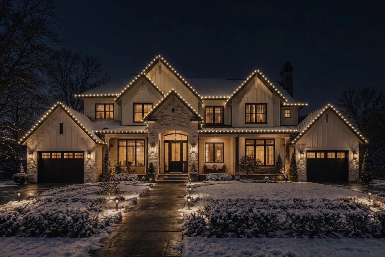 The same house at night with warm white C9 lighting along every roofline, generated by C9X PRO from the runs traced on the daylight photograph
