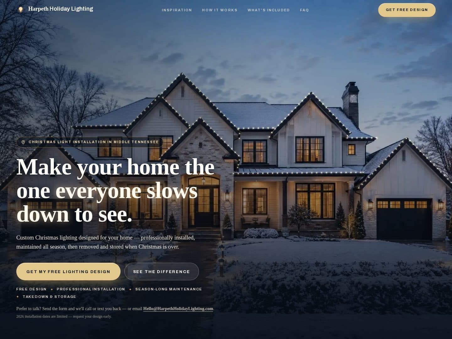 The Harpeth Holiday Lighting homepage: a white farmhouse at dusk outlined in warm white Christmas lights, with the headline “Make your home the one everyone slows down to see.”