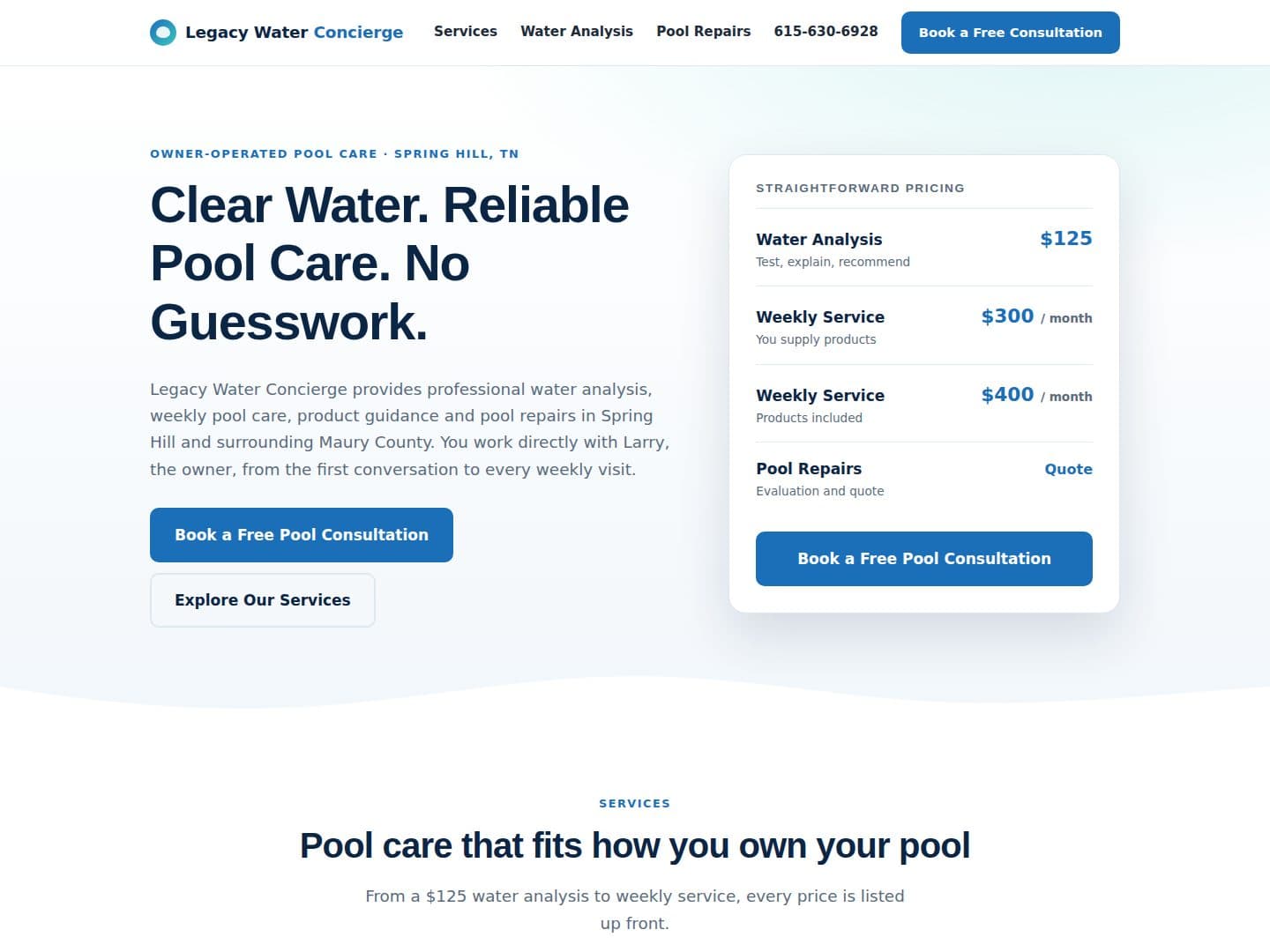 The Legacy Water Concierge homepage: “Clear Water. Reliable Pool Care. No Guesswork.” beside a pricing card listing water analysis, two weekly service plans and pool repairs.